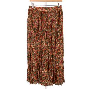 VTG Maxi Crinkle Skirt M Womens Floral Red Brown 90s Earthy Boho Fairy Festival
